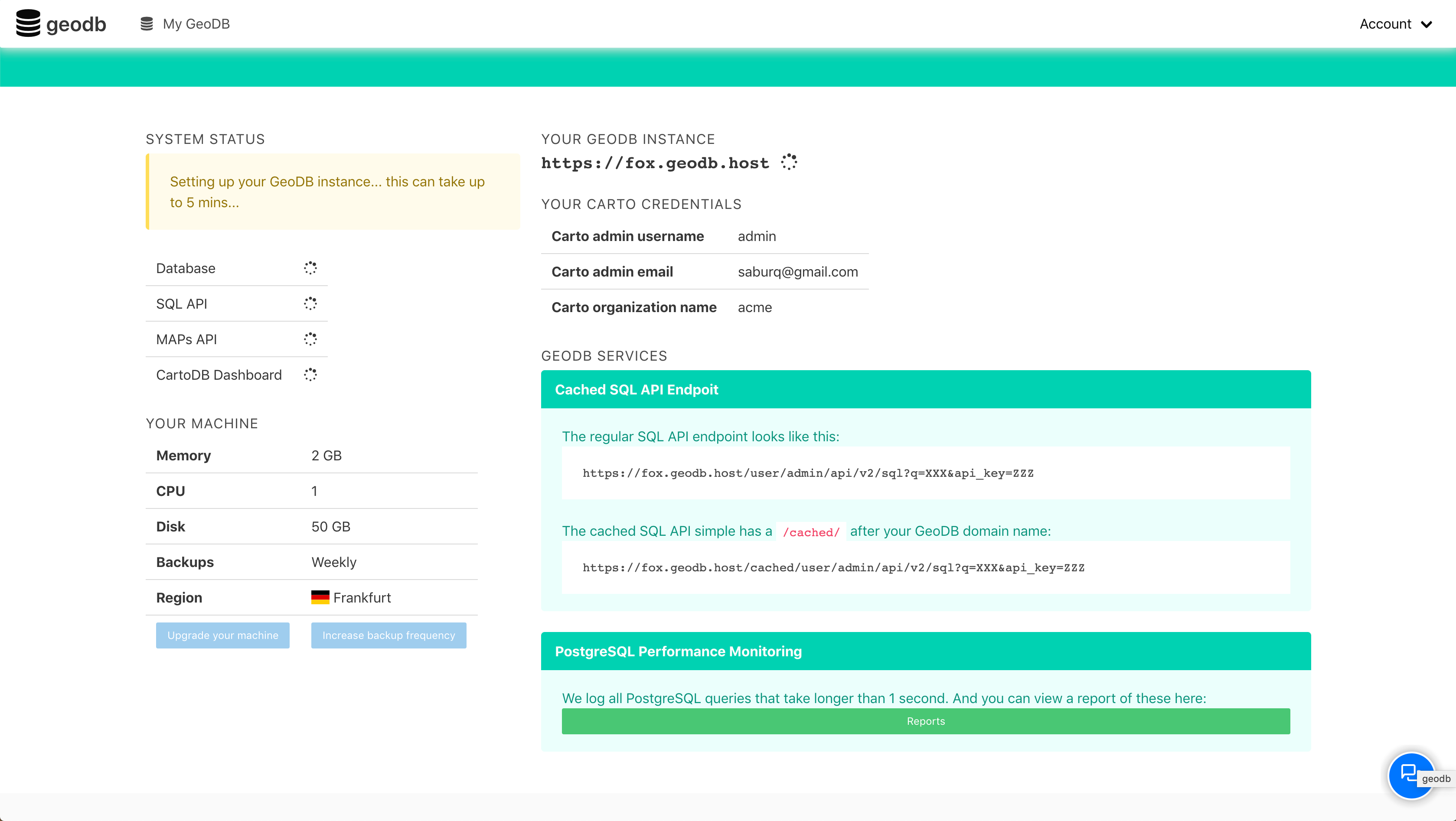 GeoDB dashboard page screenshot 1